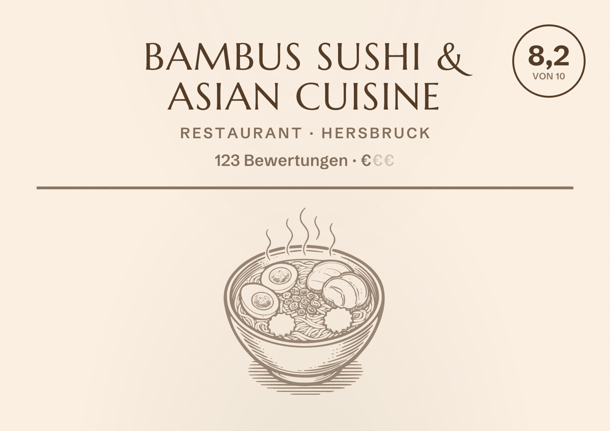 Illustriertes Poster von Bambus Sushi & Asian Cuisine, Restaurant in Hersbruck: Bewertung 8,2 von 10 aus 123 Bewertungen, Preisniveau €