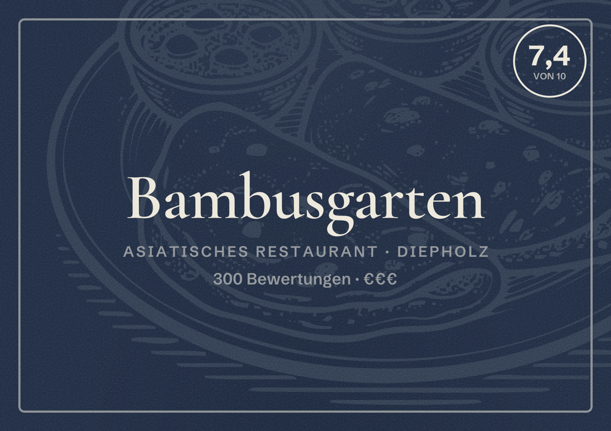 Illustriertes Poster von Bambusgarten, Asiatisches Restaurant in Diepholz: Bewertung 7,4 von 10 aus 300 Bewertungen, Preisniveau €€€