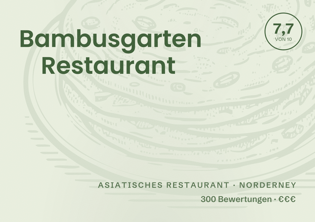 Illustriertes Poster von Bambusgarten Restaurant, Asiatisches Restaurant in Norderney: Bewertung 7,7 von 10 aus 300 Bewertungen, Preisniveau €€€