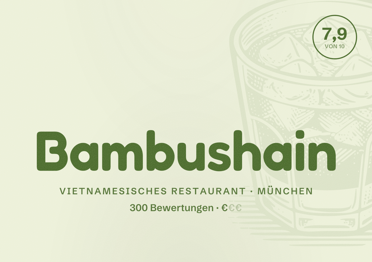 Illustriertes Poster von Bambushain, Vietnamesisches Restaurant in München: Bewertung 7,9 von 10 aus 300 Bewertungen, Preisniveau €