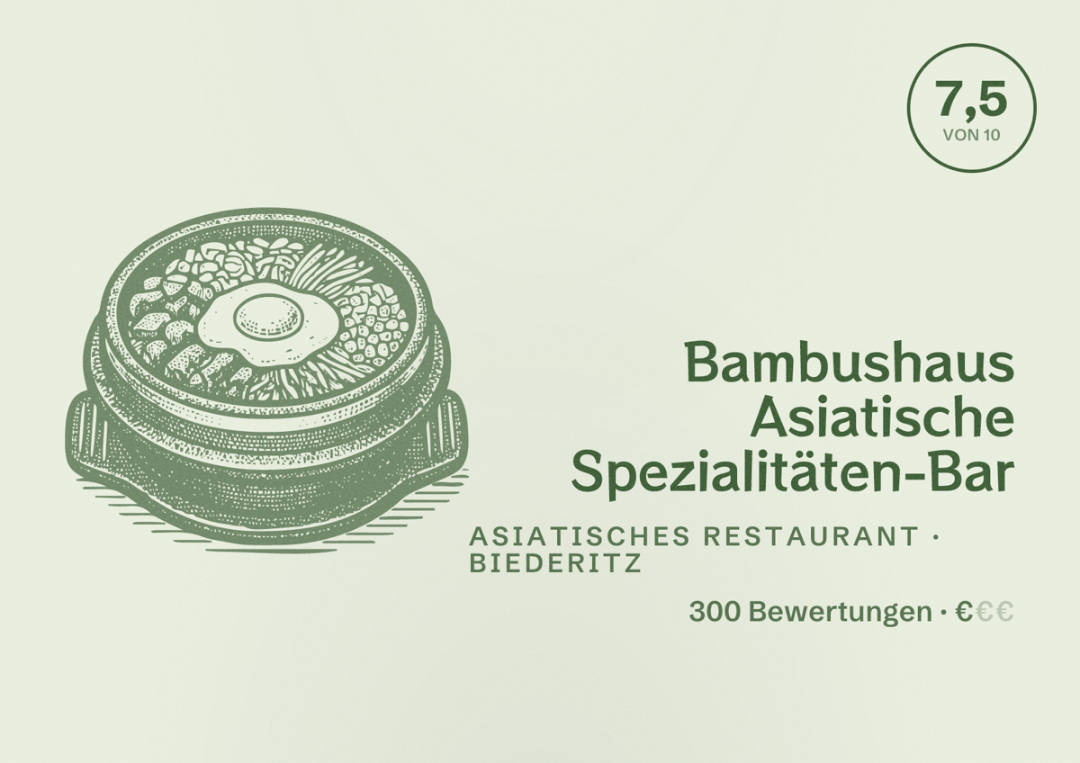 Illustriertes Poster von Bambushaus Asiatische Spezialitäten-Bar, Asiatisches Restaurant in Biederitz: Bewertung 7,5 von 10 aus 300 Bewertungen, Preisniveau €
