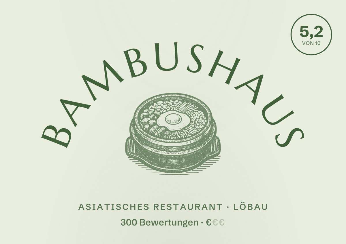 Illustriertes Poster von Bambushaus, Asiatisches Restaurant in Löbau: Bewertung 5,2 von 10 aus 300 Bewertungen, Preisniveau €