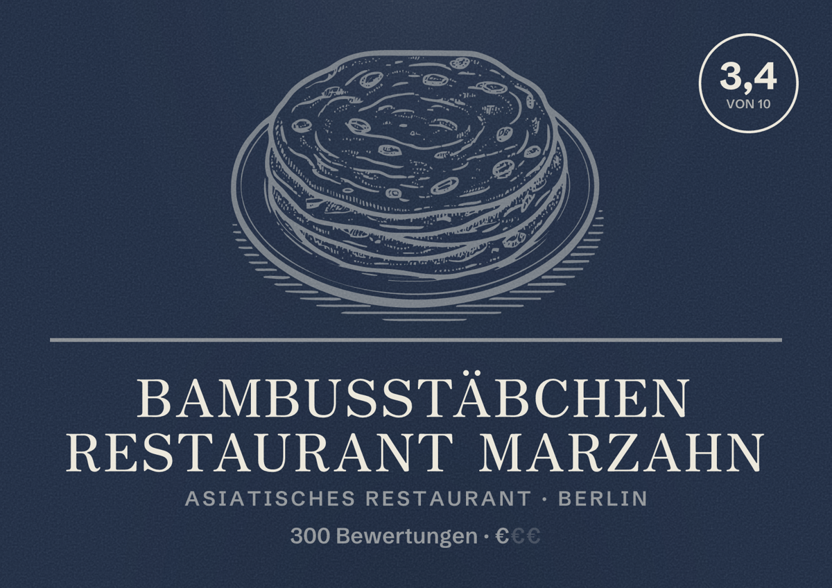 Illustriertes Poster von Bambusstäbchen Restaurant Marzahn, Asiatisches Restaurant in Berlin: Bewertung 3,4 von 10 aus 300 Bewertungen, Preisniveau €