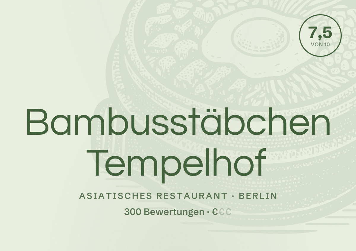 Illustriertes Poster von Bambusstäbchen Tempelhof, Asiatisches Restaurant in Berlin: Bewertung 7,5 von 10 aus 300 Bewertungen, Preisniveau €