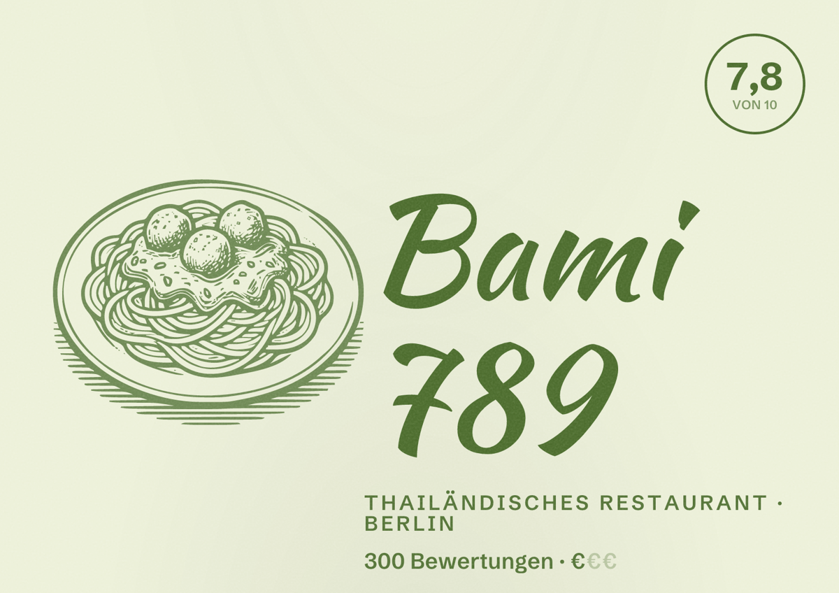 Illustriertes Poster von Bami 789, Thailändisches Restaurant in Berlin: Bewertung 7,8 von 10 aus 300 Bewertungen, Preisniveau €