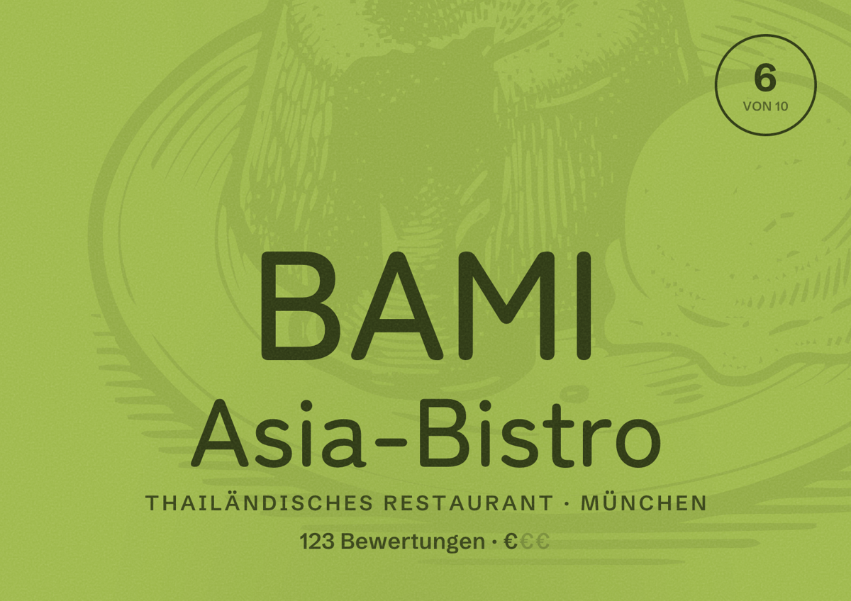 Illustriertes Poster von BAMI Asia-Bistro, Thailändisches Restaurant in München: Bewertung 6 von 10 aus 123 Bewertungen, Preisniveau €