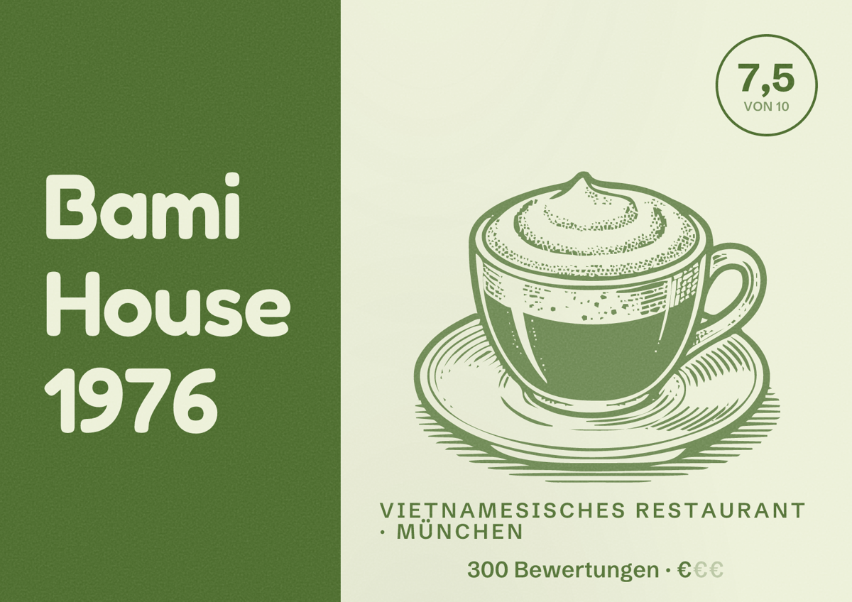 Illustriertes Poster von Bami House 1976, Vietnamesisches Restaurant in München: Bewertung 7,5 von 10 aus 300 Bewertungen, Preisniveau €