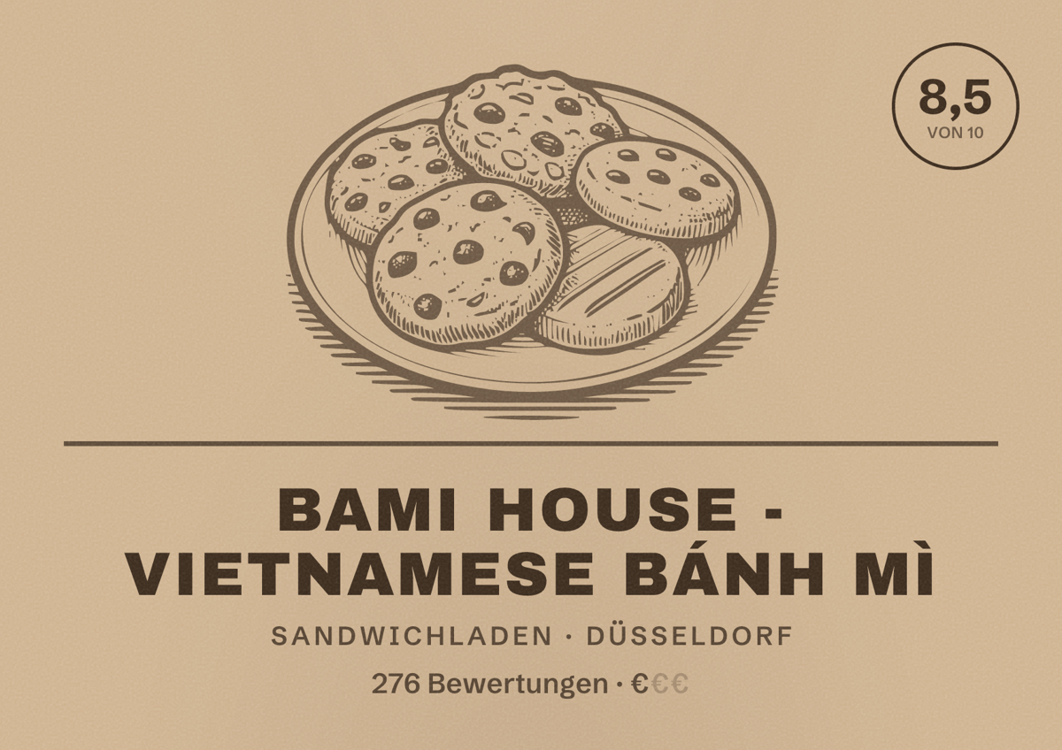 Illustriertes Poster von BAMI House - Vietnamese Bánh Mì, Sandwichladen in Düsseldorf: Bewertung 8,5 von 10 aus 276 Bewertungen, Preisniveau €