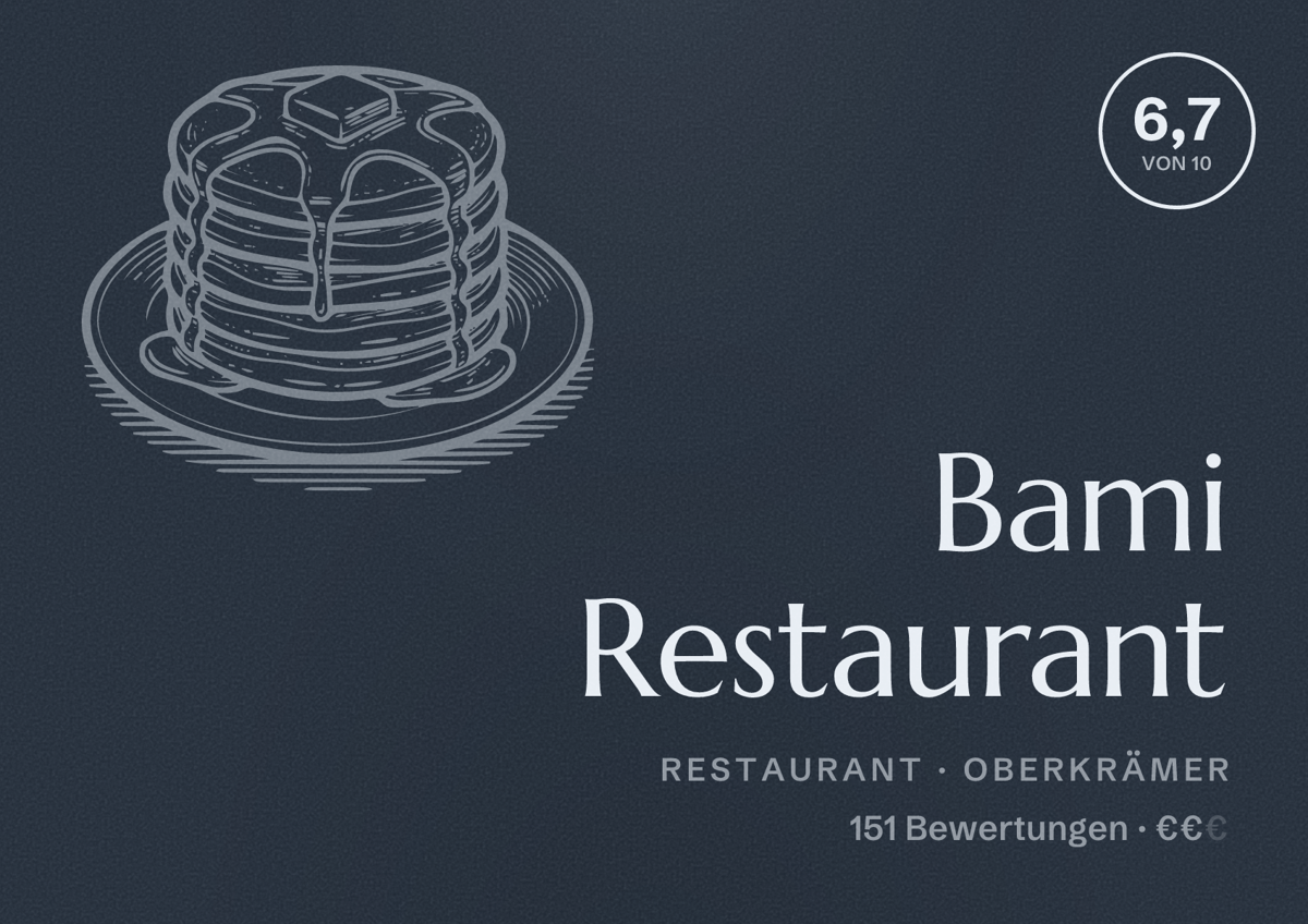Illustriertes Poster von Bami Restaurant, Restaurant in Oberkrämer: Bewertung 6,7 von 10 aus 151 Bewertungen, Preisniveau €€