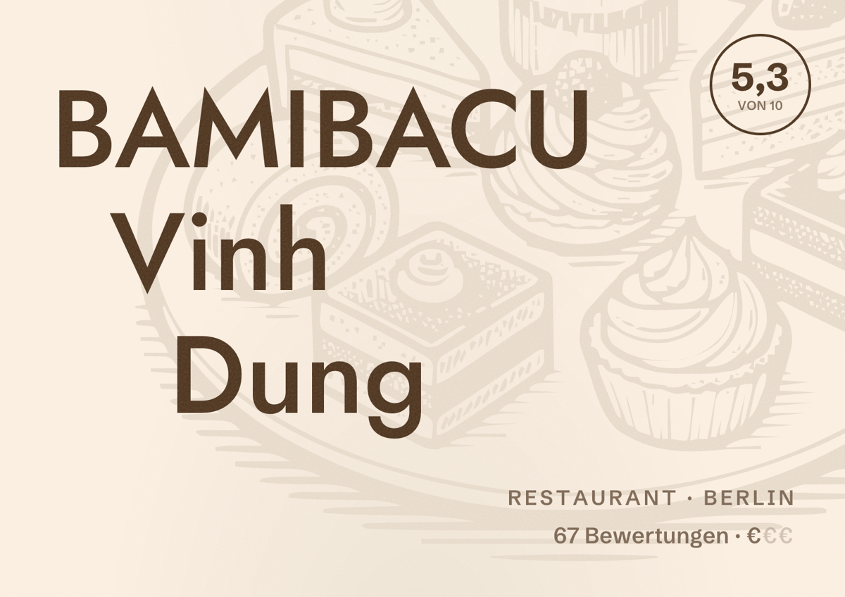 Illustriertes Poster von BAMIBACU Vinh Dung, Restaurant in Berlin: Bewertung 5,3 von 10 aus 67 Bewertungen, Preisniveau €