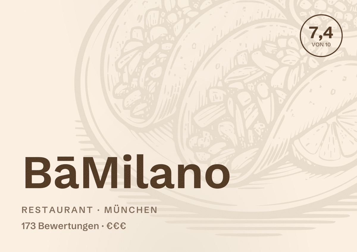 Illustriertes Poster von BāMilano, Restaurant in München: Bewertung 7,4 von 10 aus 173 Bewertungen, Preisniveau €€€