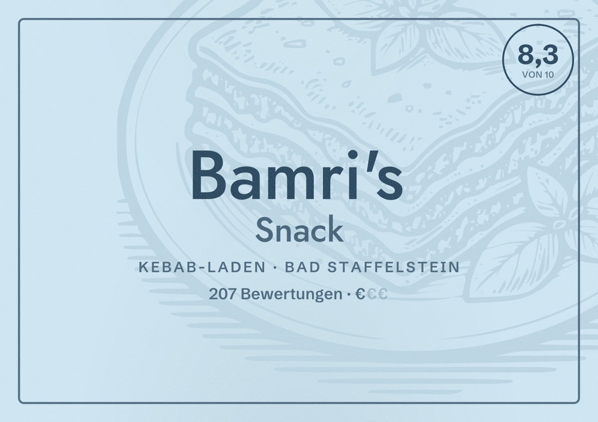 Illustriertes Poster von Bamri's Snack, Kebab-Laden in Bad Staffelstein: Bewertung 8,3 von 10 aus 207 Bewertungen, Preisniveau €