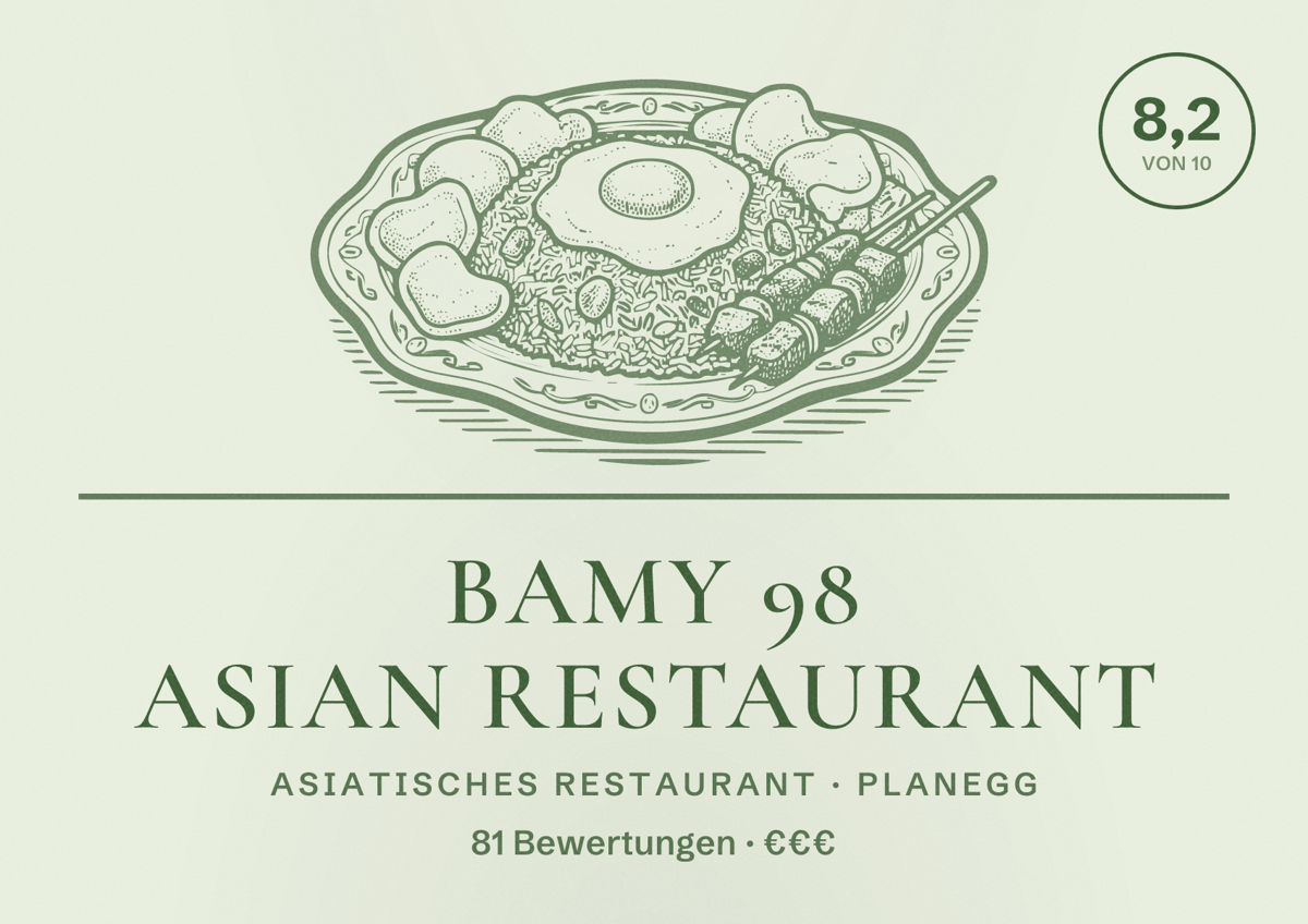 Illustriertes Poster von BAMY 98 ASIAN RESTAURANT, Asiatisches Restaurant in Planegg: Bewertung 8,2 von 10 aus 81 Bewertungen, Preisniveau €€€