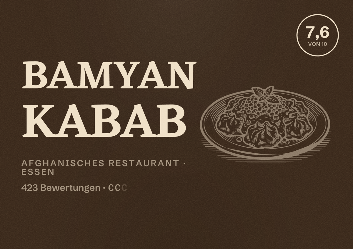 Illustriertes Poster von Bamyan Kabab, Afghanisches Restaurant in Essen: Bewertung 7,6 von 10 aus 423 Bewertungen, Preisniveau €€