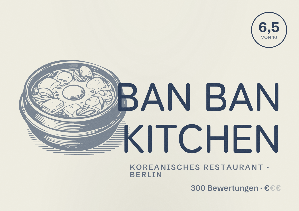 Illustriertes Poster von BAN BAN KITCHEN, Koreanisches Restaurant in Berlin: Bewertung 6,5 von 10 aus 300 Bewertungen, Preisniveau €