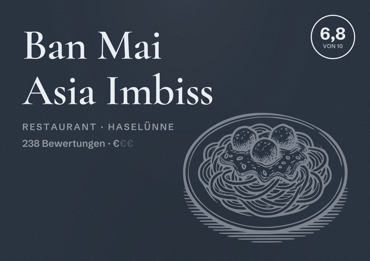 Illustriertes Poster von Ban Mai Asia Imbiss, Restaurant in Haselünne: Bewertung 6,8 von 10 aus 238 Bewertungen, Preisniveau €