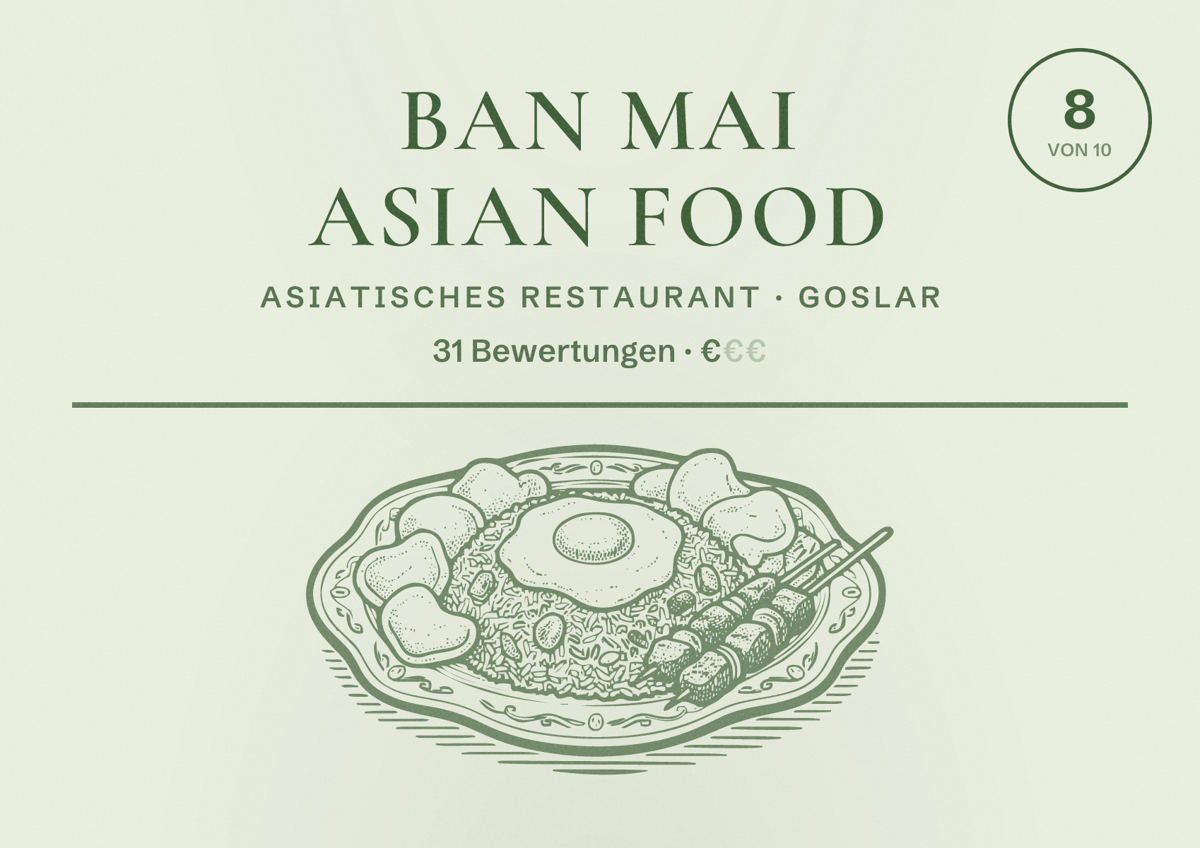 Illustriertes Poster von ban mai ASIAN FOOD, Asiatisches Restaurant in Goslar: Bewertung 8 von 10 aus 31 Bewertungen, Preisniveau €