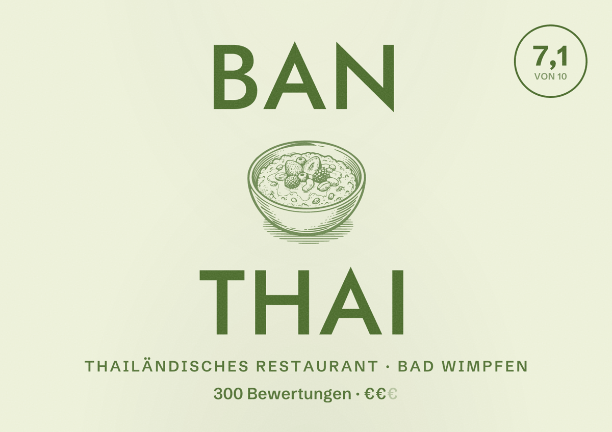 Illustriertes Poster von Ban Thai, Thailändisches Restaurant in Bad Wimpfen: Bewertung 7,1 von 10 aus 300 Bewertungen, Preisniveau €€