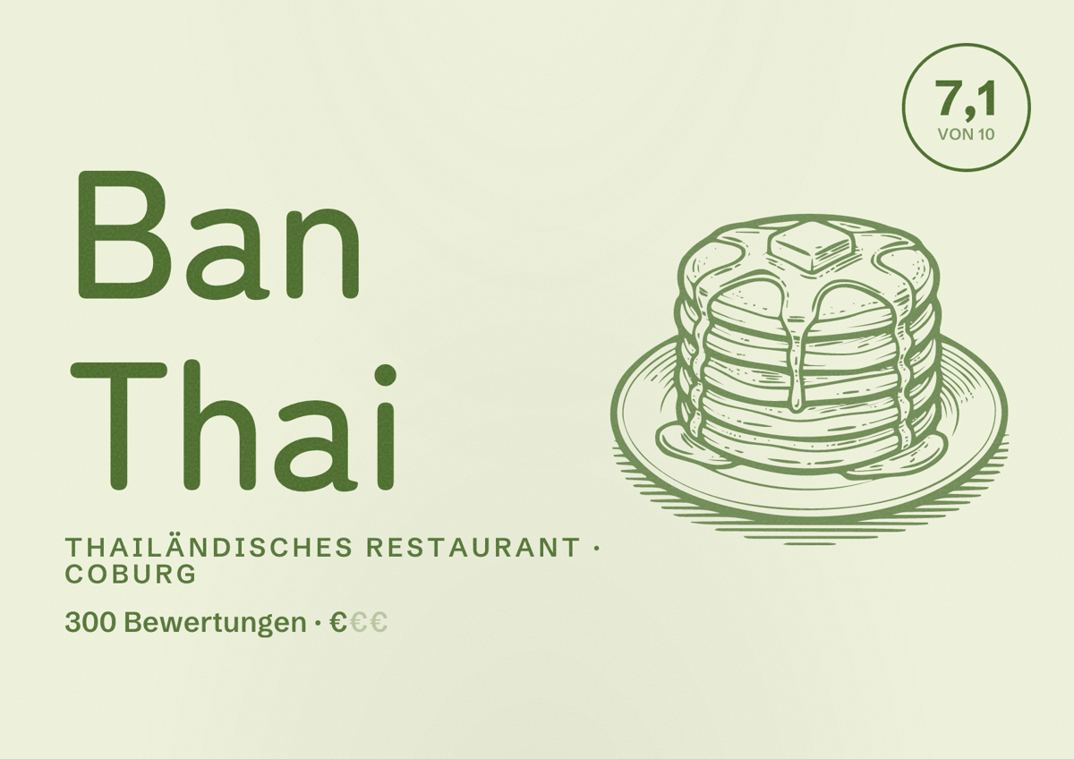 Illustriertes Poster von Ban Thai, Thailändisches Restaurant in Coburg: Bewertung 7,1 von 10 aus 300 Bewertungen, Preisniveau €