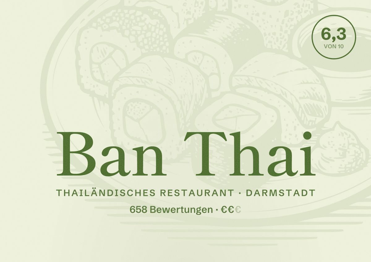 Illustriertes Poster von Ban Thai, Thailändisches Restaurant in Darmstadt: Bewertung 6,3 von 10 aus 658 Bewertungen, Preisniveau €€