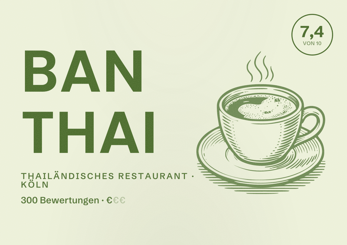 Illustriertes Poster von Ban Thai, Thailändisches Restaurant in Köln: Bewertung 7,4 von 10 aus 300 Bewertungen, Preisniveau €