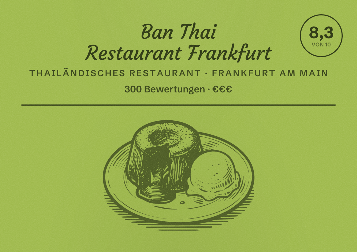 Illustriertes Poster von Ban Thai Restaurant Frankfurt, Thailändisches Restaurant in Frankfurt am Main: Bewertung 8,3 von 10 aus 300 Bewertungen, Preisniveau €€€