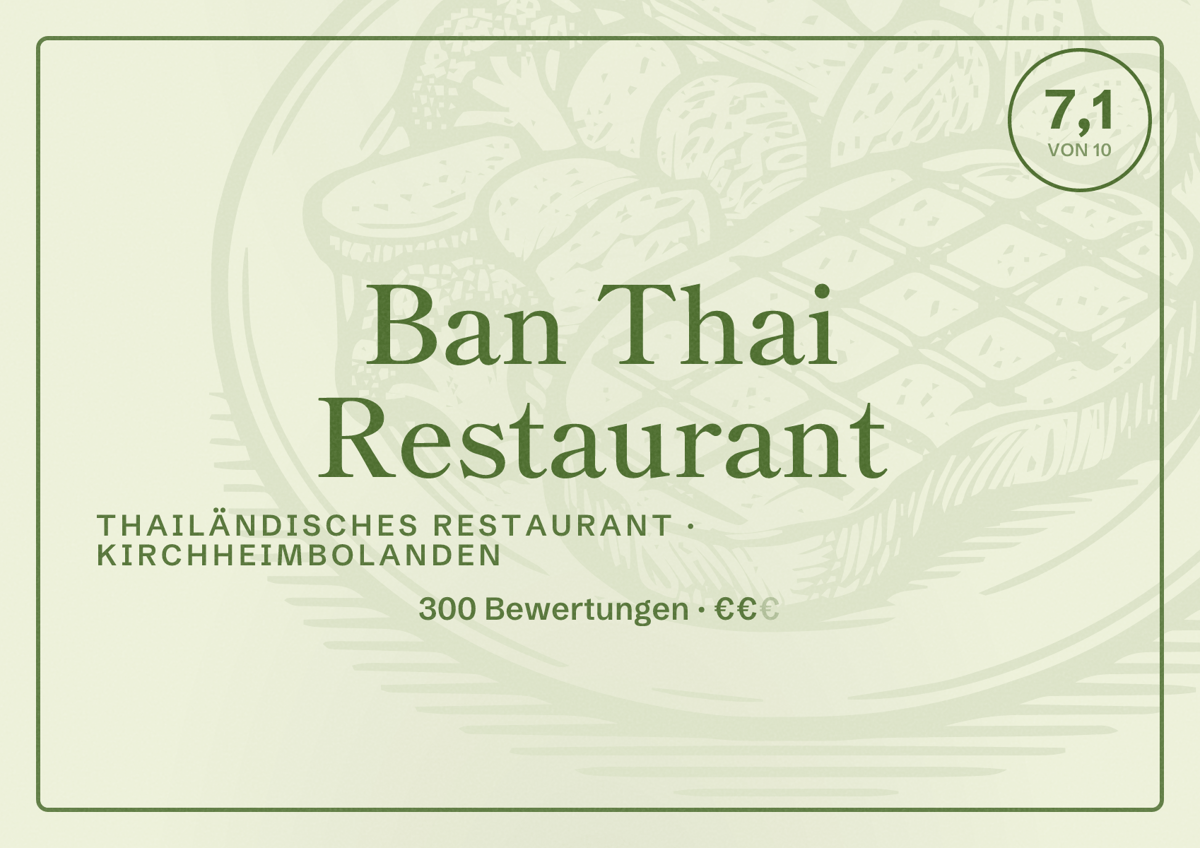 Illustriertes Poster von Ban Thai Restaurant, Thailändisches Restaurant in Kirchheimbolanden: Bewertung 7,1 von 10 aus 300 Bewertungen, Preisniveau €€