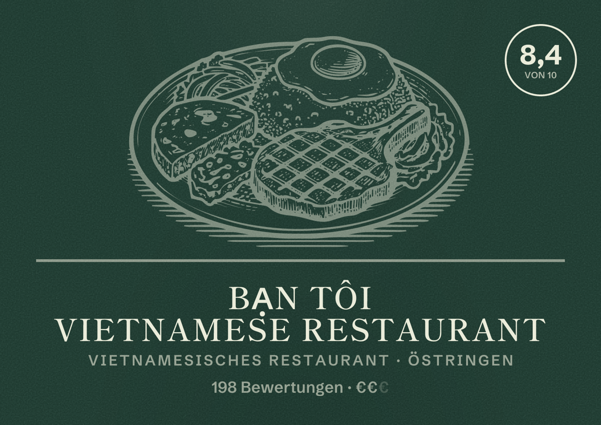Illustriertes Poster von Bạn Tôi Vietnamese Restaurant, Vietnamesisches Restaurant in Östringen: Bewertung 8,4 von 10 aus 198 Bewertungen, Preisniveau €€