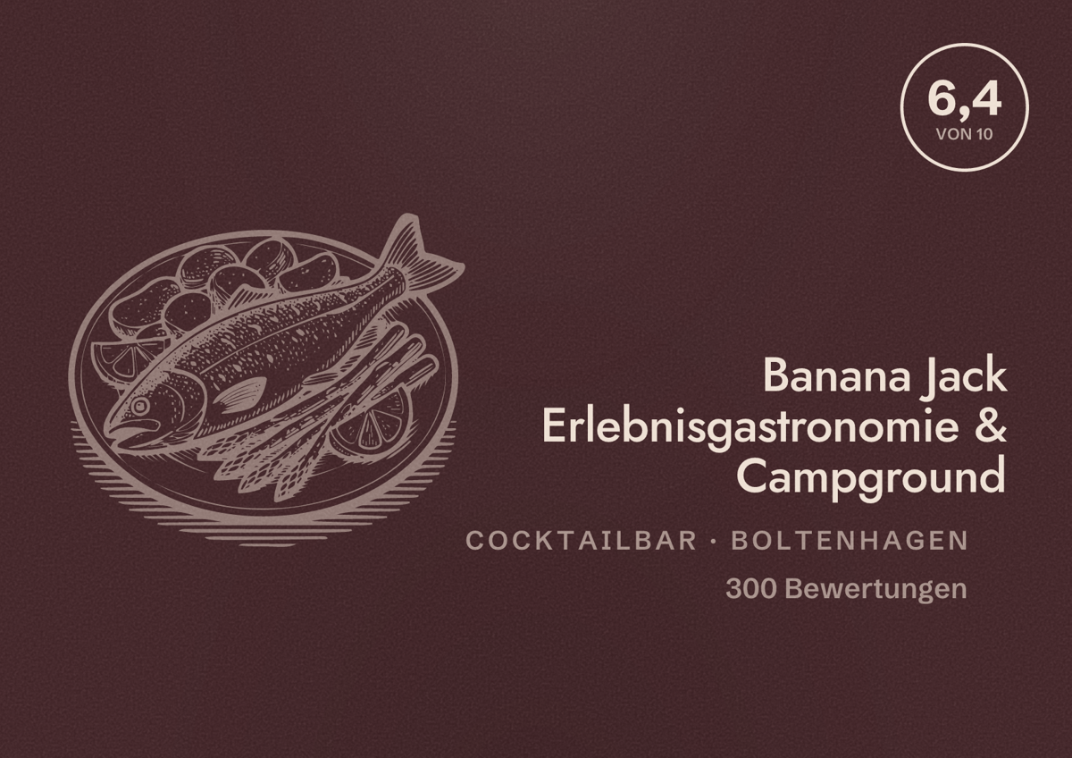 Illustriertes Poster von Banana Jack Erlebnisgastronomie & Campground, Cocktailbar in Boltenhagen: Bewertung 6,4 von 10 aus 300 Bewertungen