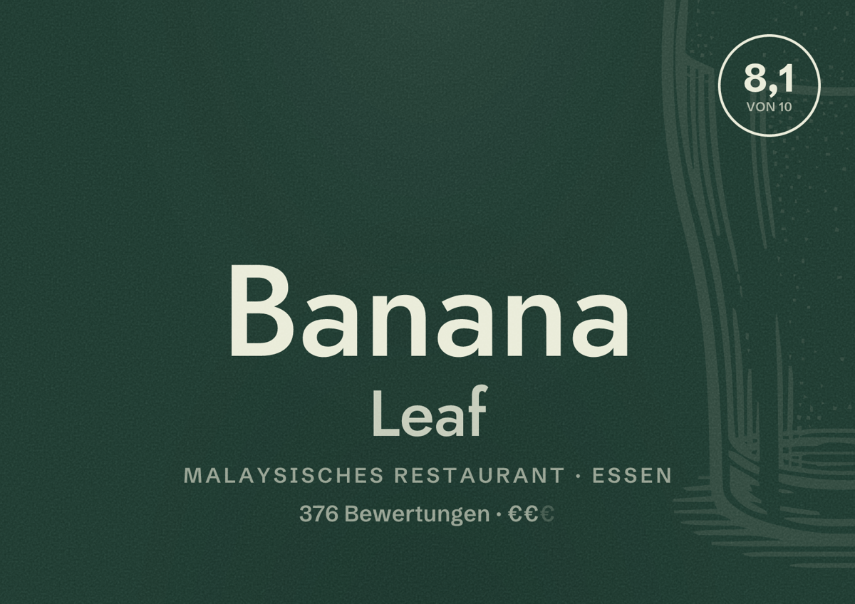Illustriertes Poster von Banana Leaf, Malaysisches Restaurant in Essen: Bewertung 8,1 von 10 aus 376 Bewertungen, Preisniveau €€
