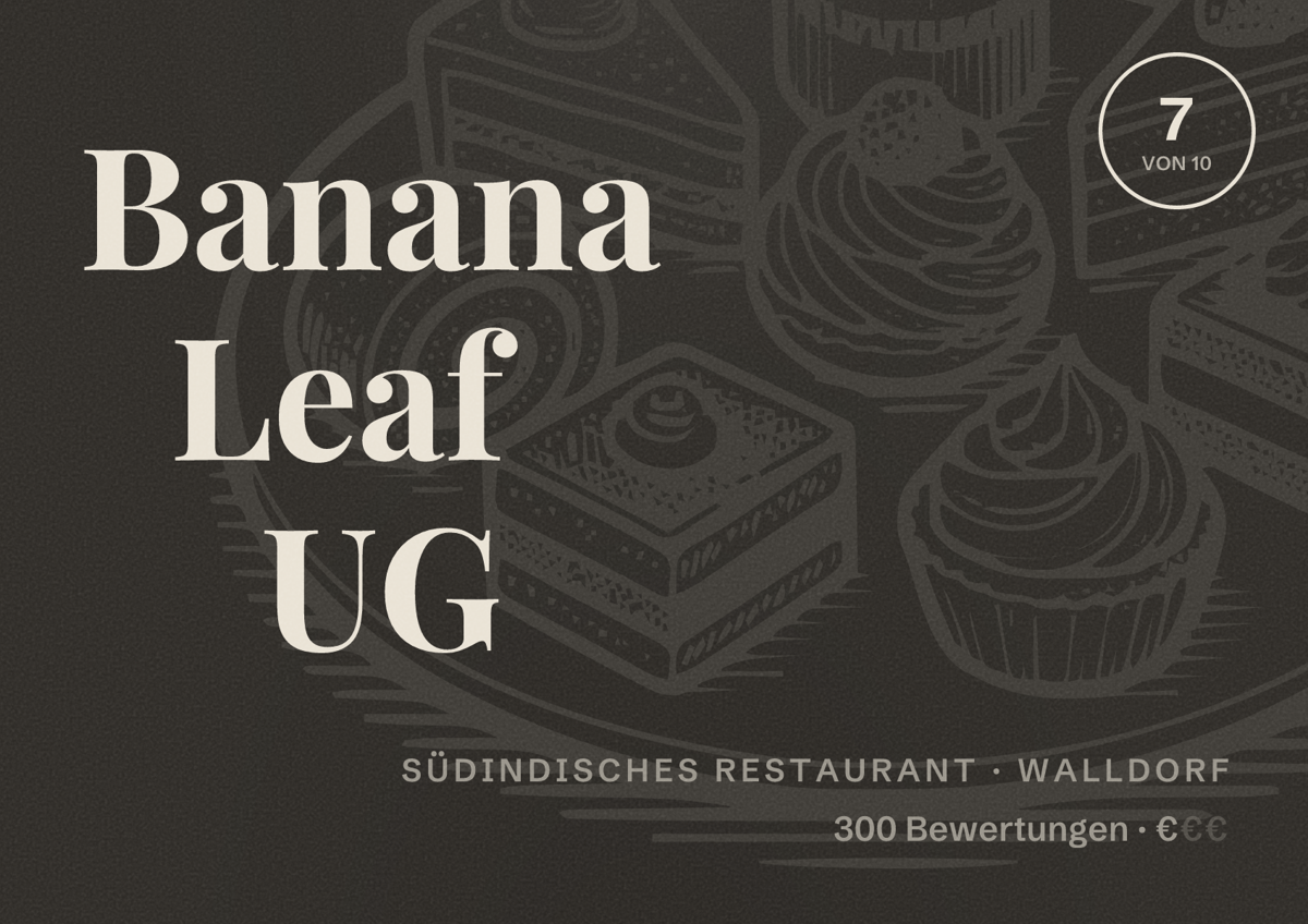 Illustriertes Poster von Banana Leaf UG, Südindisches Restaurant in Walldorf: Bewertung 7 von 10 aus 300 Bewertungen, Preisniveau €
