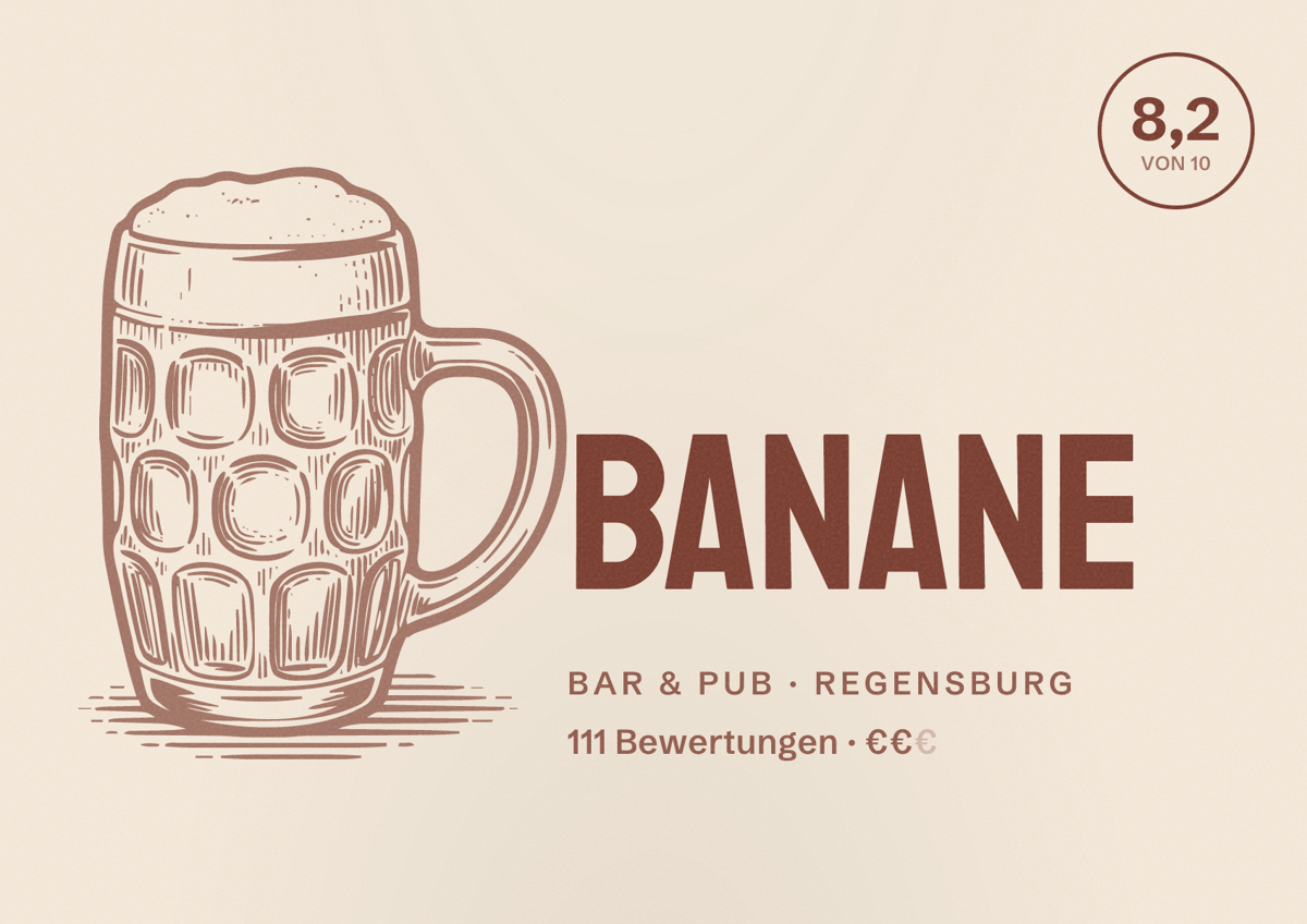 Illustriertes Poster von Banane, Bar & Pub in Regensburg: Bewertung 8,2 von 10 aus 111 Bewertungen, Preisniveau €€