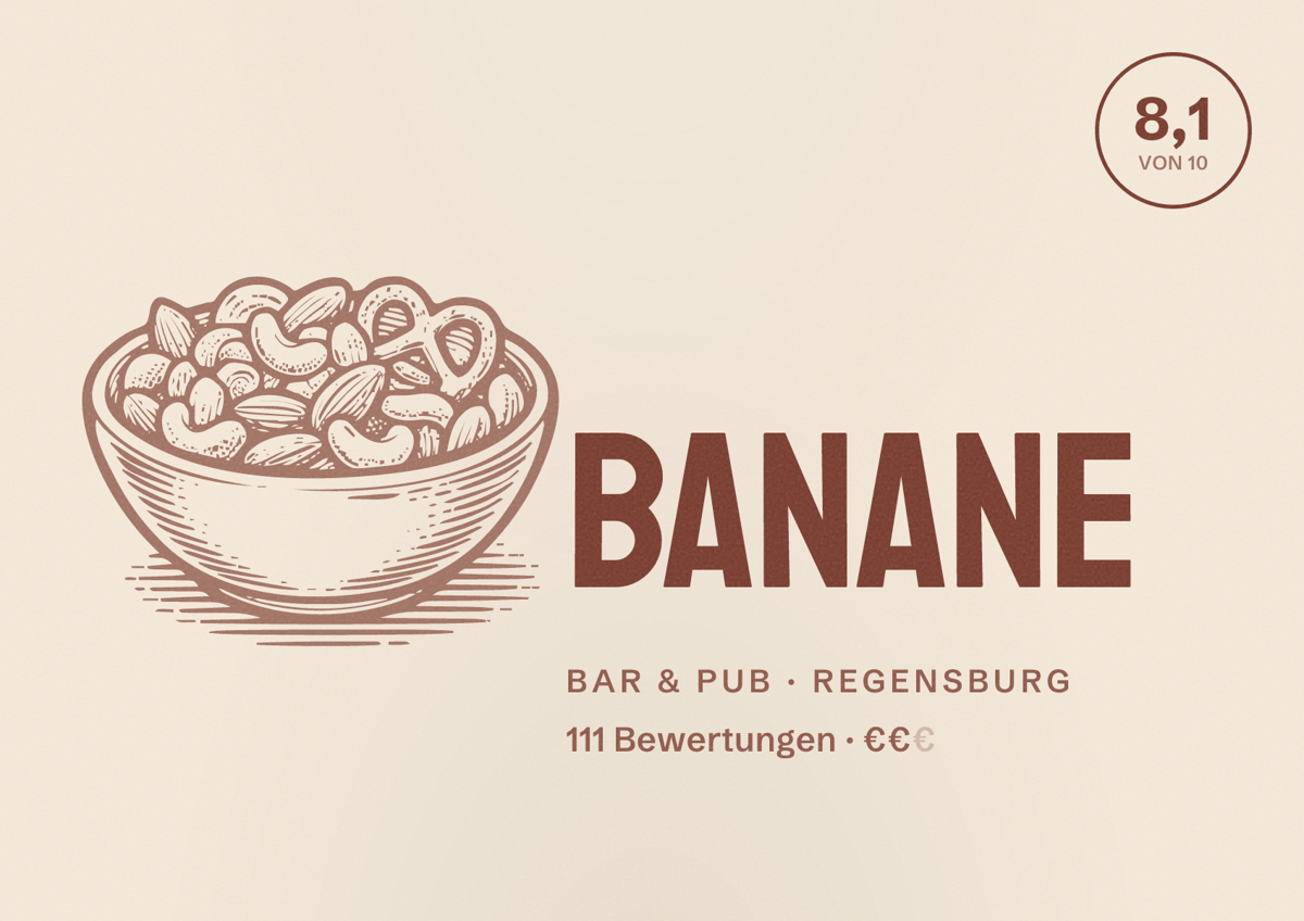 Illustriertes Poster von Banane, Bar & Pub in Regensburg: Bewertung 8,1 von 10 aus 111 Bewertungen, Preisniveau €€