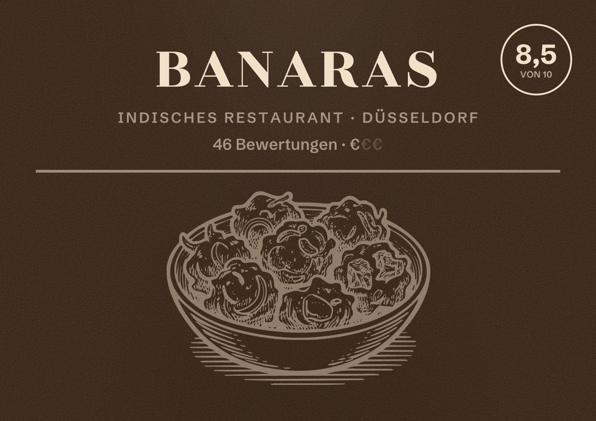 Illustriertes Poster von Banaras, Indisches Restaurant in Düsseldorf: Bewertung 8,5 von 10 aus 46 Bewertungen, Preisniveau €