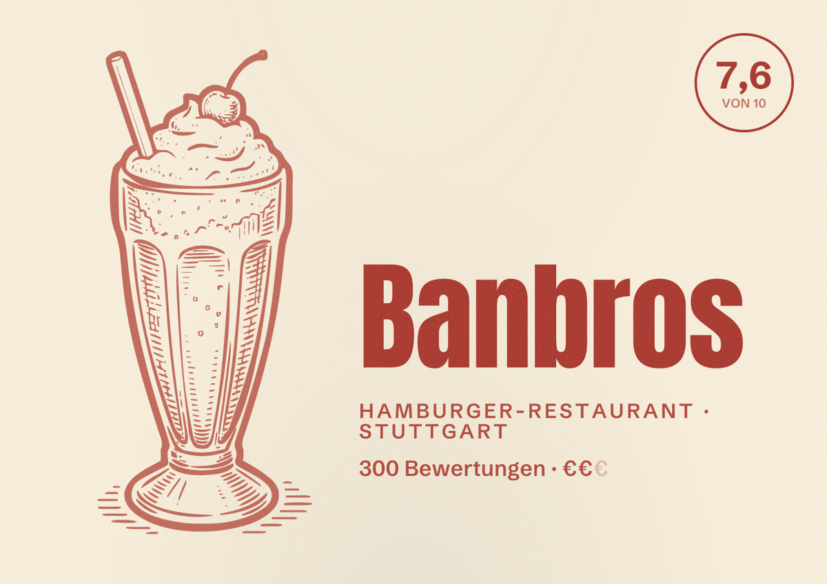 Illustriertes Poster von Banbros, Hamburger-Restaurant in Stuttgart: Bewertung 7,6 von 10 aus 300 Bewertungen, Preisniveau €€