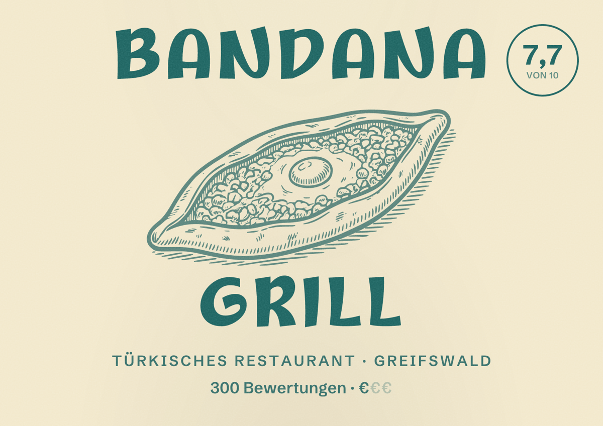 Illustriertes Poster von Bandana Grill, Türkisches Restaurant in Greifswald: Bewertung 7,7 von 10 aus 300 Bewertungen, Preisniveau €