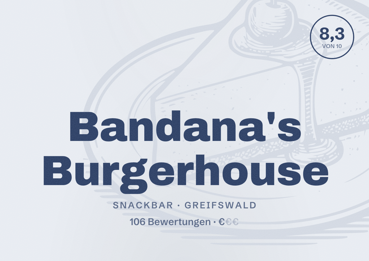Illustriertes Poster von Bandana's Burgerhouse, Snackbar in Greifswald: Bewertung 8,3 von 10 aus 106 Bewertungen, Preisniveau €