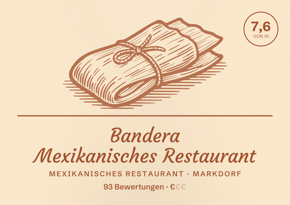 Illustriertes Poster von Bandera Mexikanisches Restaurant, Mexikanisches Restaurant in Markdorf: Bewertung 7,6 von 10 aus 93 Bewertungen, Preisniveau €