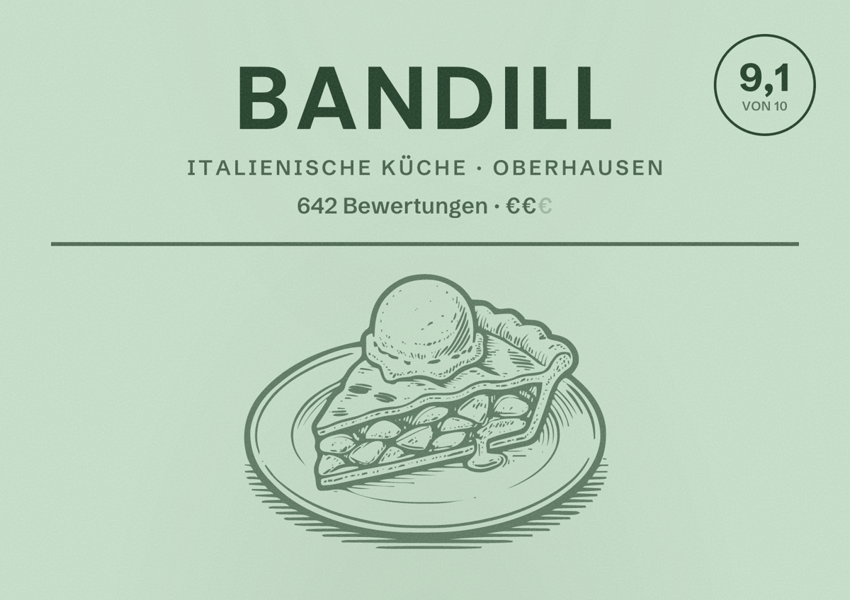 Illustriertes Poster von BANDILL, Italienische Küche in Oberhausen: Bewertung 9,1 von 10 aus 642 Bewertungen, Preisniveau €€