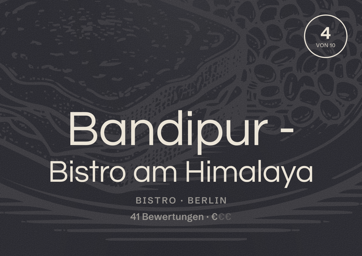 Illustriertes Poster von Bandipur - Bistro am Himalaya, Bistro in Berlin: Bewertung 4,0 von 10 aus 41 Bewertungen, Preisniveau €