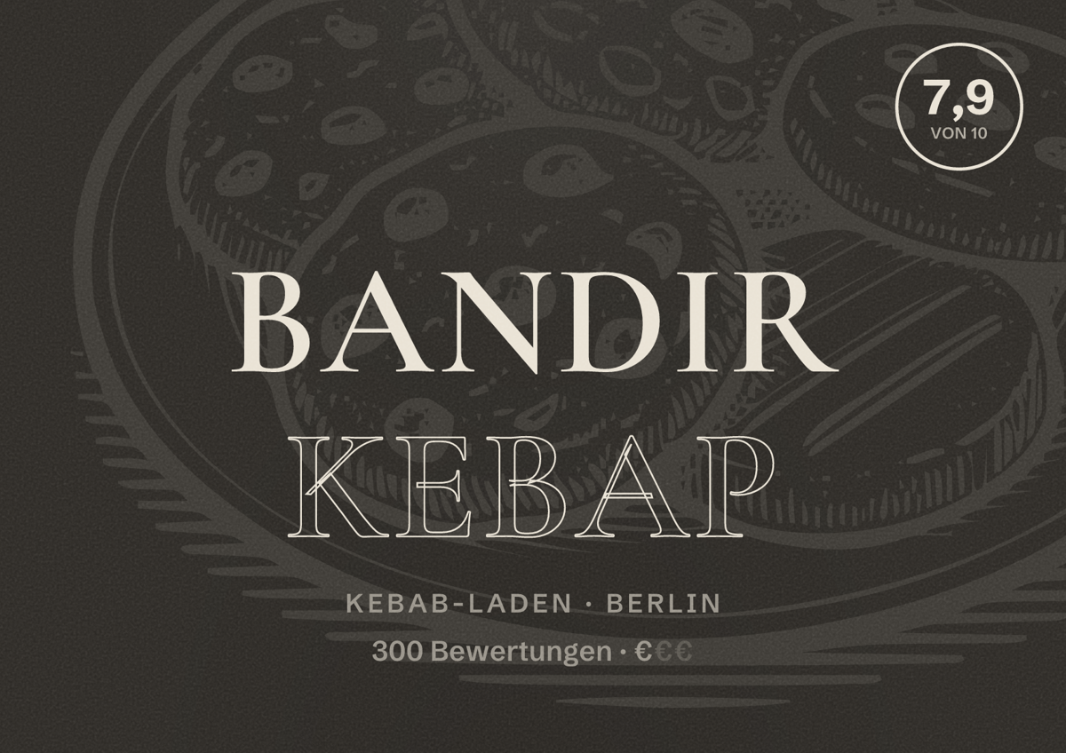 Illustriertes Poster von BANDIR kebap, Kebab-Laden in Berlin: Bewertung 7,9 von 10 aus 300 Bewertungen, Preisniveau €