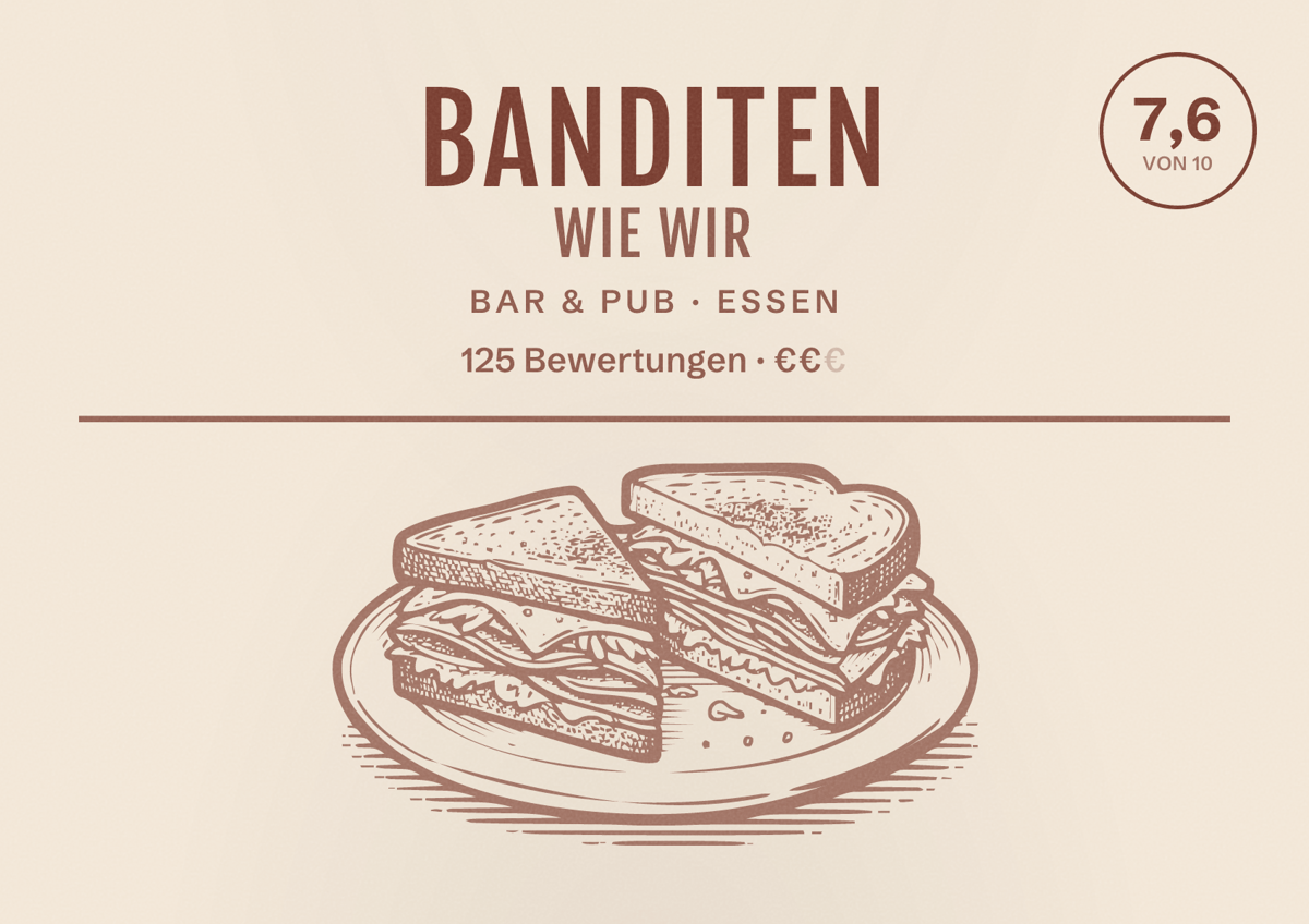 Illustriertes Poster von Banditen wie wir, Bar & Pub in Essen: Bewertung 7,6 von 10 aus 125 Bewertungen, Preisniveau €€