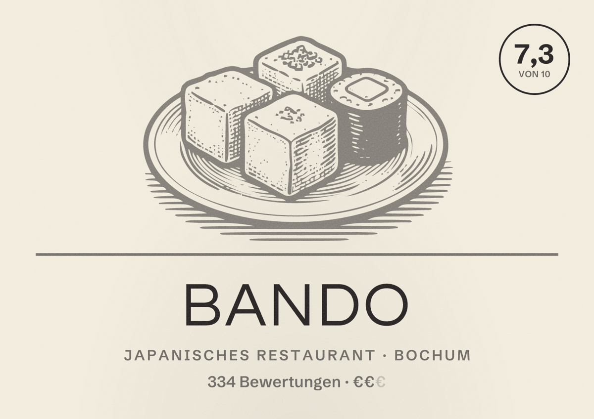 Illustriertes Poster von Bando, Japanisches Restaurant in Bochum: Gästebewertung 7,3 von 10 aus 334 Bewertungen