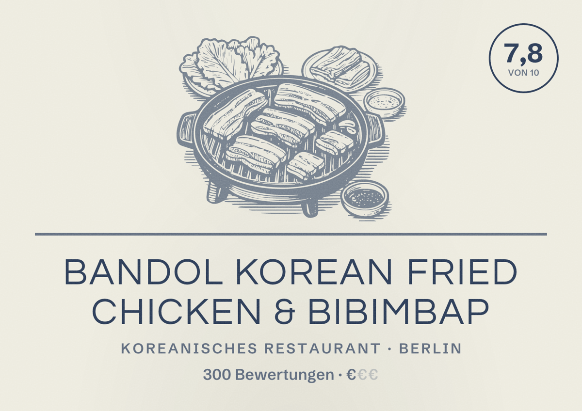 Illustriertes Poster von Bandol Korean Fried Chicken & Bibimbap, Koreanisches Restaurant in Berlin: Bewertung 7,8 von 10 aus 300 Bewertungen, Preisniveau €