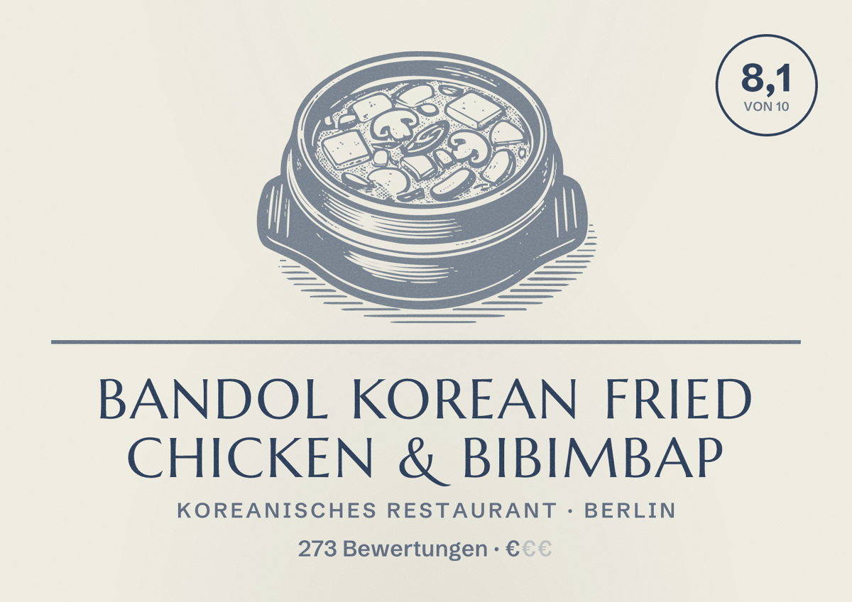 Illustriertes Poster von Bandol Korean Fried Chicken & Bibimbap, Koreanisches Restaurant in Berlin: Bewertung 8,1 von 10 aus 273 Bewertungen, Preisniveau €