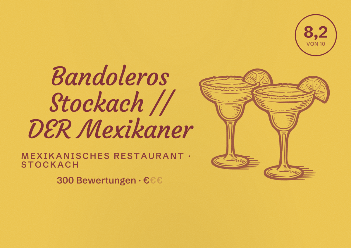 Illustriertes Poster von Bandoleros Stockach // DER Mexikaner, Mexikanisches Restaurant in Stockach: Bewertung 8,2 von 10 aus 300 Bewertungen, Preisniveau €