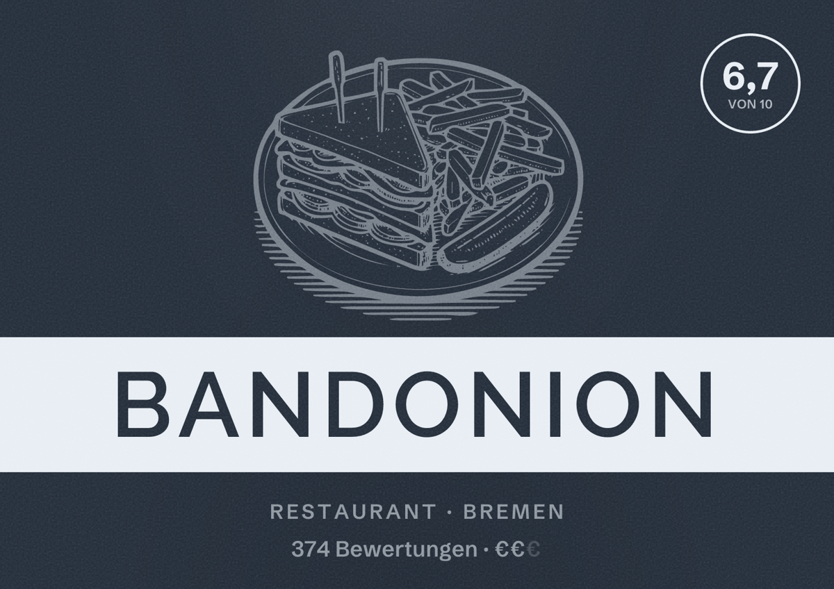 Illustriertes Poster von Bandonion, Restaurant in Bremen: Bewertung 6,7 von 10 aus 374 Bewertungen, Preisniveau €€
