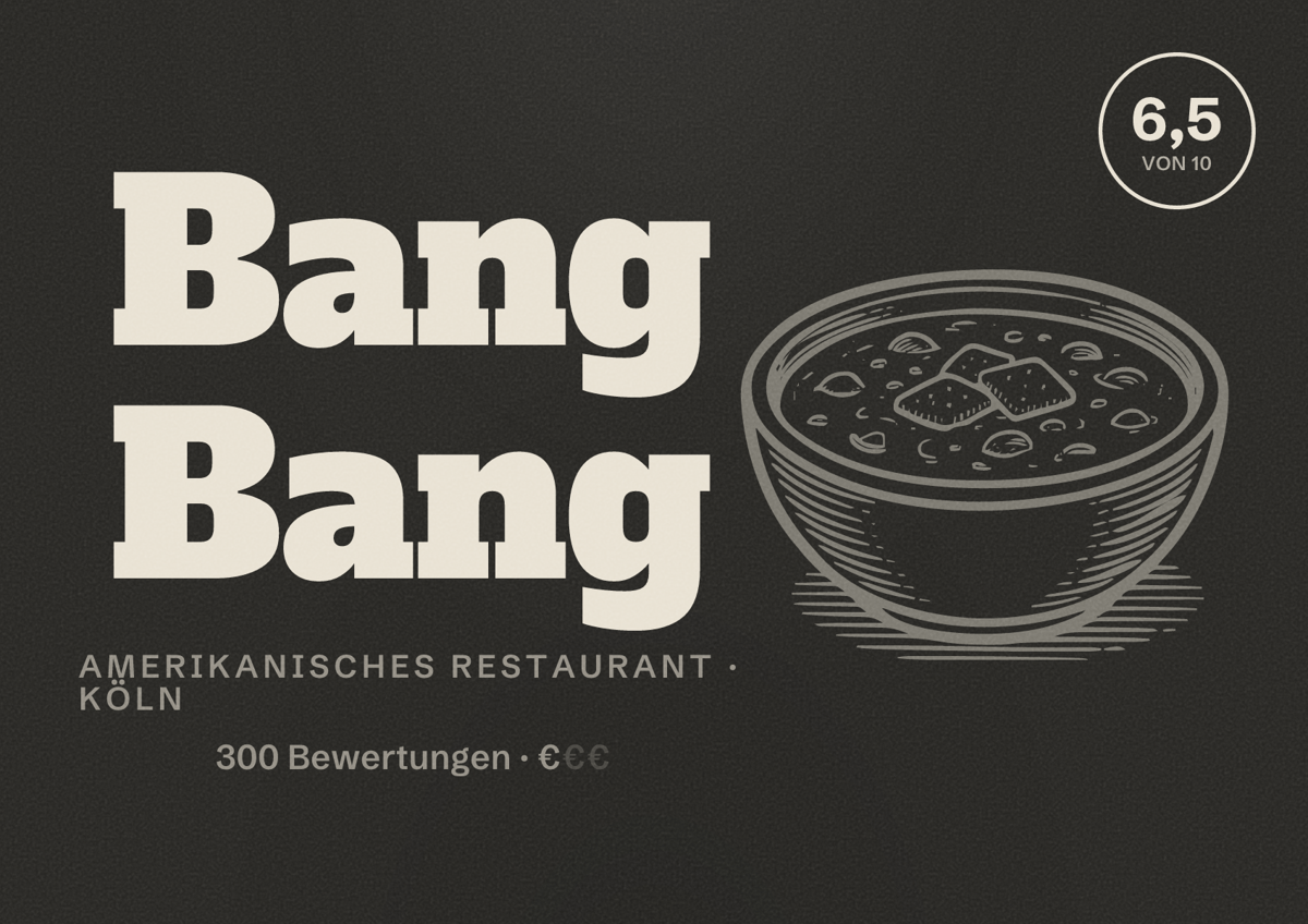 Illustriertes Poster von Bang Bang, Amerikanisches Restaurant in Köln: Bewertung 6,5 von 10 aus 300 Bewertungen, Preisniveau €