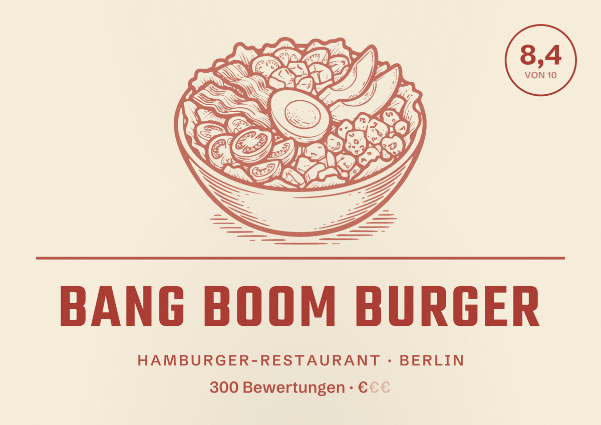 Illustriertes Poster von BANG BOOM BURGER, Hamburger-Restaurant in Berlin: Bewertung 8,4 von 10 aus 300 Bewertungen, Preisniveau €