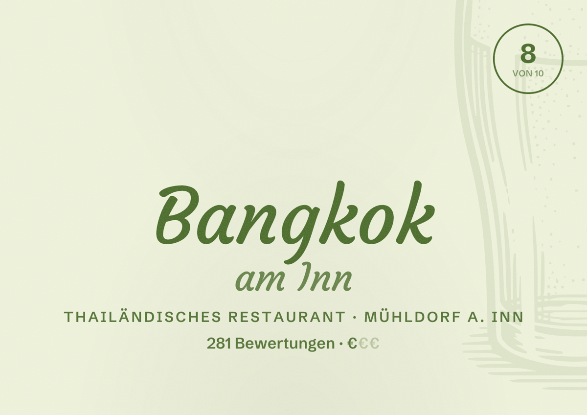 Illustriertes Poster von Bangkok am Inn, Thailändisches Restaurant in Mühldorf a. Inn: Bewertung 8 von 10 aus 281 Bewertungen, Preisniveau €